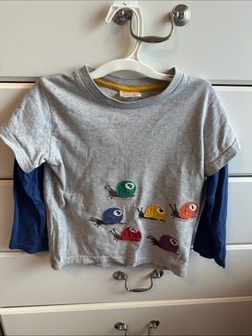 Mini Boden Grey Tee with Navy Long Sleeves and Colorful Bug Appliqués